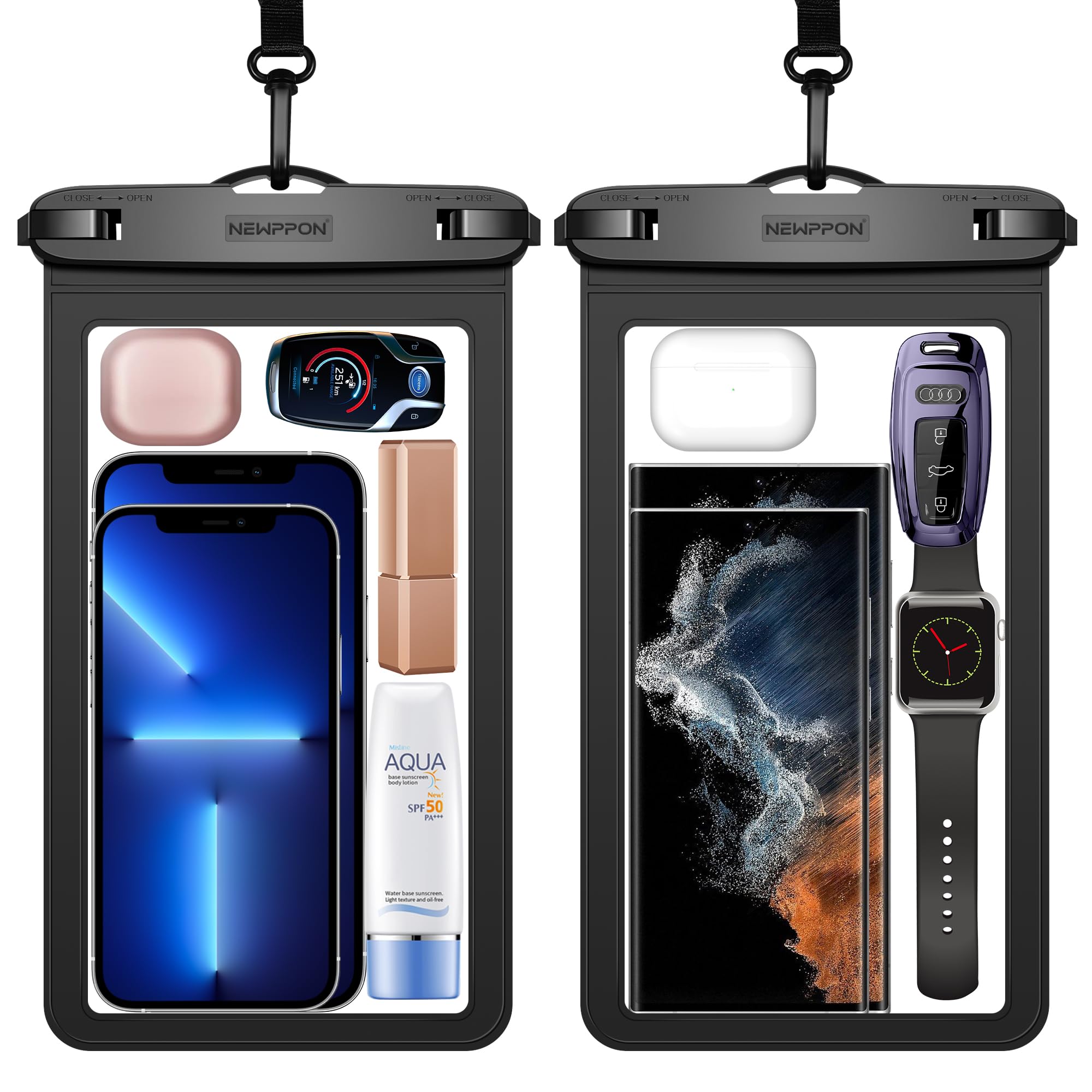 Photo 1 of newppon Large Waterproof Phone Pouch : 2 Pack Underwater Clear Cellphone Holder - Universal Water-Resistant Dry Bag Case with Neck Lanyard for iPhone Samsung Galaxy for Beach Swimming Pool