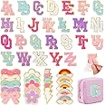 72 Pcs Embroidered Chenille Patches Self Adhesive for DIY Clothing,Include 52 A-Z Varsity Letters Patches Stickers,20 Rainbow Flower Bowknot Sew on Repair Patches for Backpacks Hats Jackets Shoes