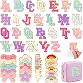 72 Pcs Preppy Chenille Patches Self Adhesive for DIY Clothing,Include 52 A-Z Chenille Letter Patches Stick on,20 Rainbow Flower Lighting Bowknot Embroidered Stickers Patches for Backpacks Bags Hats