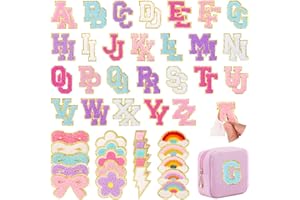 FOGWOWO 72 Pcs Preppy Chenille Patches Self Adhesive Embroidered for DIY Clothing,Include 52 A-Z Chenille Letter Patches Stickers,20 Rainbow Flower Lighting Bowknot Stick on Patches for Bags Backpacks Hats