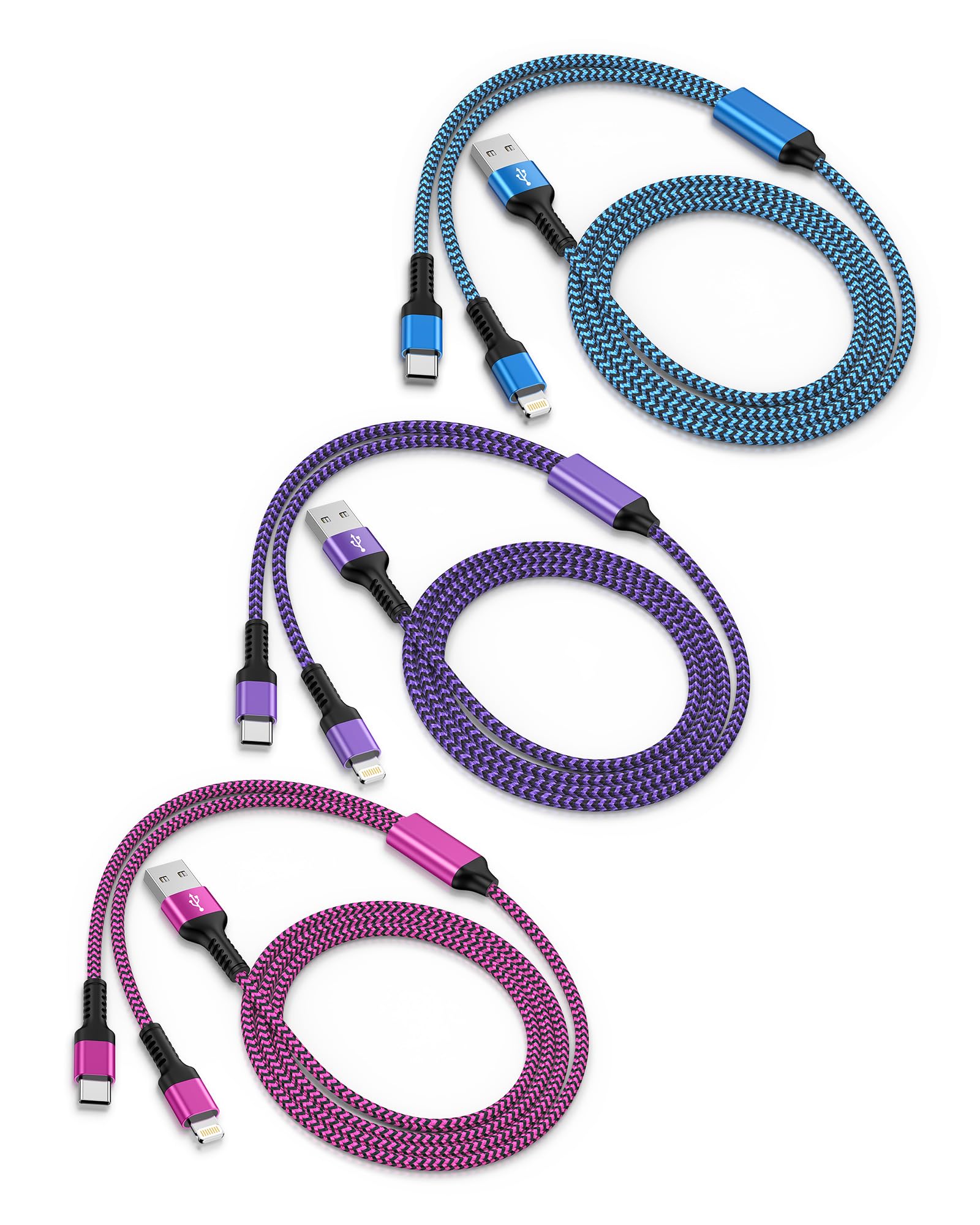 Photo 1 of 3Pack-4FT Apple & Android USB to Lightning & USB-C 2-in-1 Fast Charger Cable for iPhone 17 17Pro 16e 16 15 14 Pro Max Plus 13 12, Samsung Galaxy A17 A16, Google Pixel 10, Multi USBC Lighting USB Cord