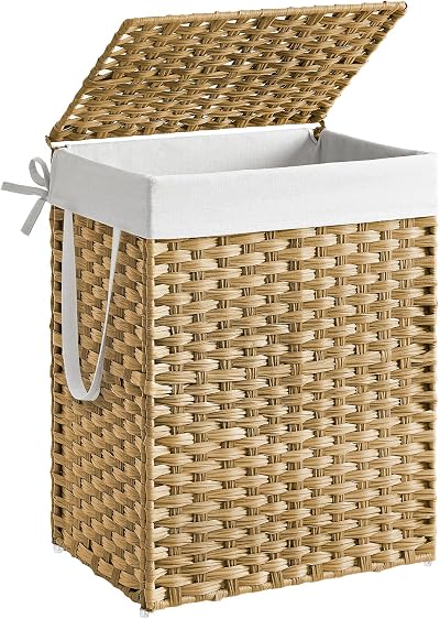 SONGMICS 90L Laundry Basket with Lid Rattan Wicker Foldable Removable Liner