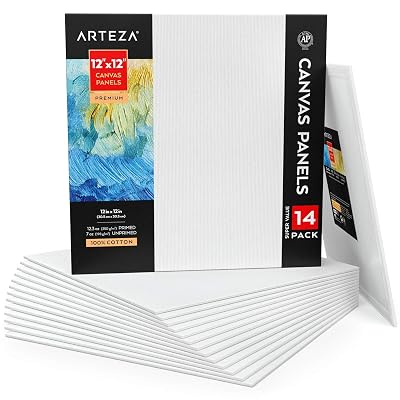 Arteza Canvas Panels 12x12 Inch, White Blank Square Pack of 14, 100% Cotton, 12.3 oz Primed, 7 oz Unprimed, Acid-Free, for Acrylic &amp; Oil Painting, Professional Artists, Hobby Painters &amp; Beginners