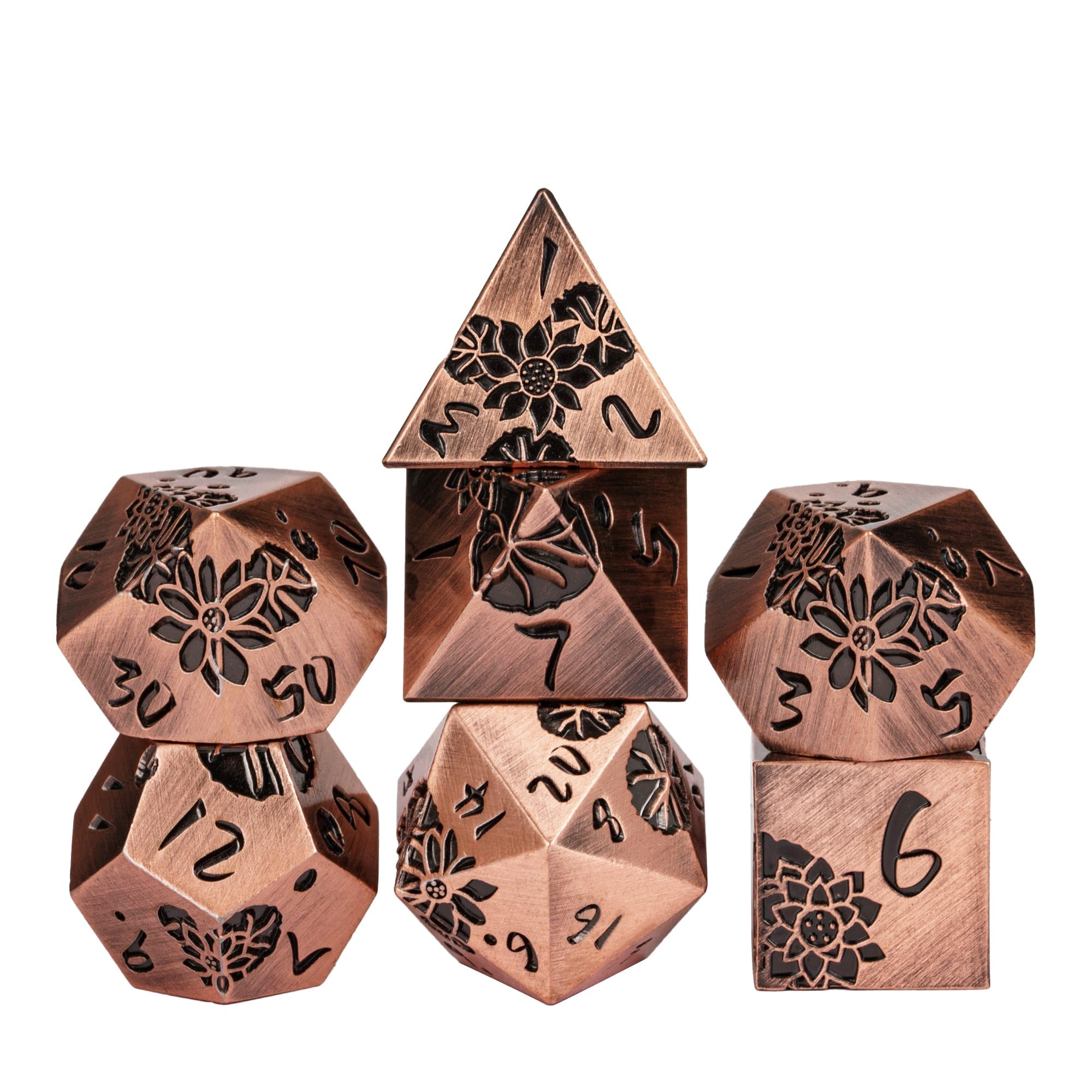 Cusdie 7-Die Lotus Metal DND Dice Set, D&D Metal Dice, Polyhedral Dice Set, for Role Playing Game Pathfinder(Ancient Copper)
