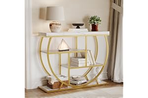 Modern Console Table 39" – 4-Tier Storage Shelves Entryway Table, Sturdy Metal Geometric Frame, Rustic Wood & Marble White To