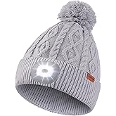YunTuo Unisex LED Beanie with Pom-Pom, USB Rechargeable Headlamp Hat Stocking Cap Stuffers Gifts for Men Women