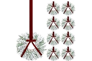 Dingion 8 Pcs 9.8" Christmas Mini Wreaths for Cabinets Small Artificial Snowy Cedar Wreath with Velvet Ribbon Christmas Hanging Decorations for Kitchen Window Chair Wall Front Door Farmhouse(Red)