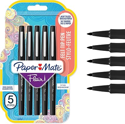Paper Mate Flair Felt Tip Pens Medium Point 0.7 mm Black 5 Count