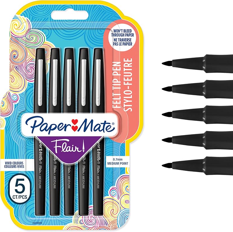 Paper Mate Flair Felt Tip Pens Medium Point 0.7 mm Black 5 Count