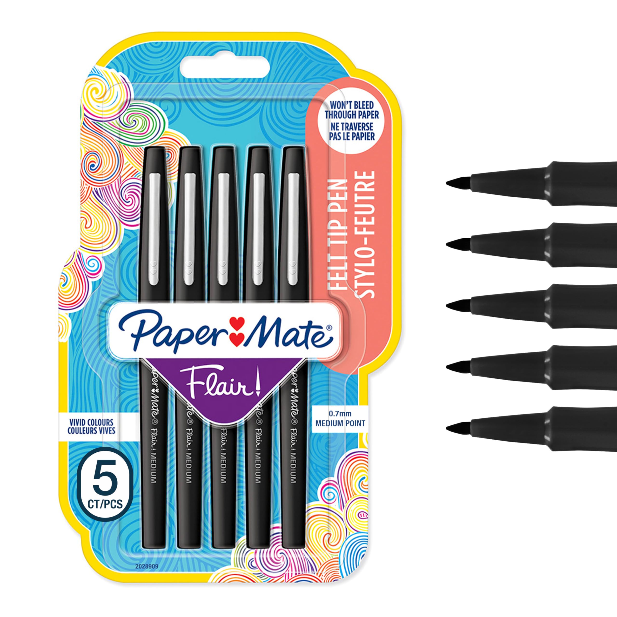 Paper Mate Flair Felt Tip Pens | Medium Point (0.7 mm) Writing Pens | Black Pens | For Writing, Drawing & Sketching | 5 Count