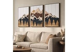 Framed Wood 3D Mountain Textured Wall Art for Living Room, Set of 3 Farmhouse Modern Wood Artwork for Walls, Large Mountain F