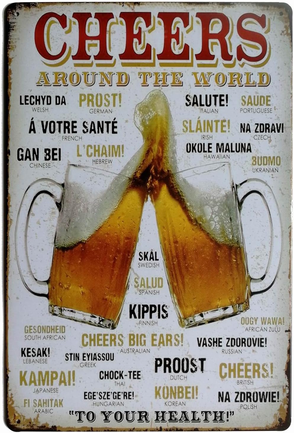 ERLOOD Cheers Around The World Drinking Distressed Retro Vintage Tin Sign 8 x 12