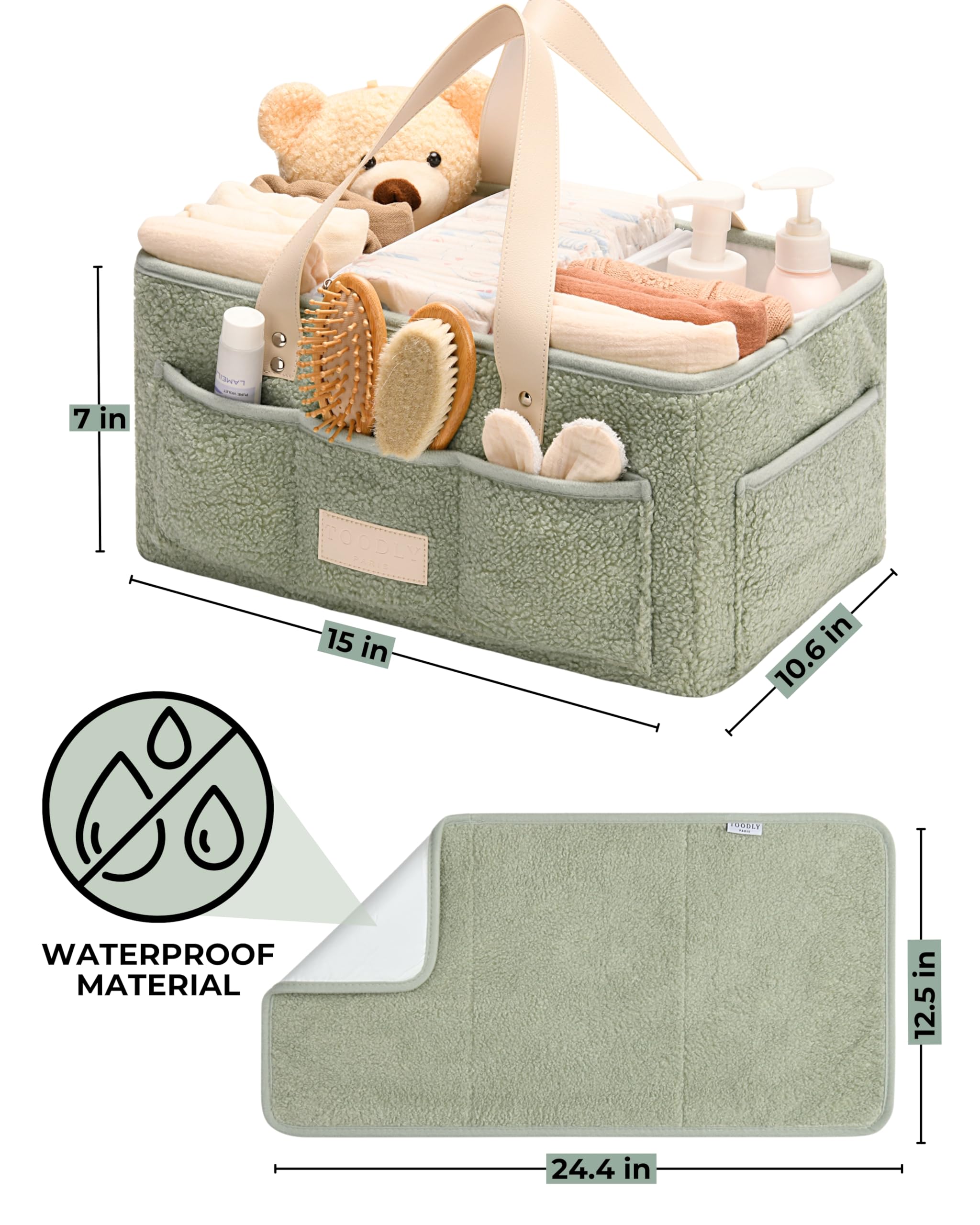 Baby Diaper Caddy Organizer with Portable Changing Mat - Teddy Fleece Diaper Organizer for Changing Table - Basket for Changing Essentials - Baby Essentials Organizer with Removable Dividers