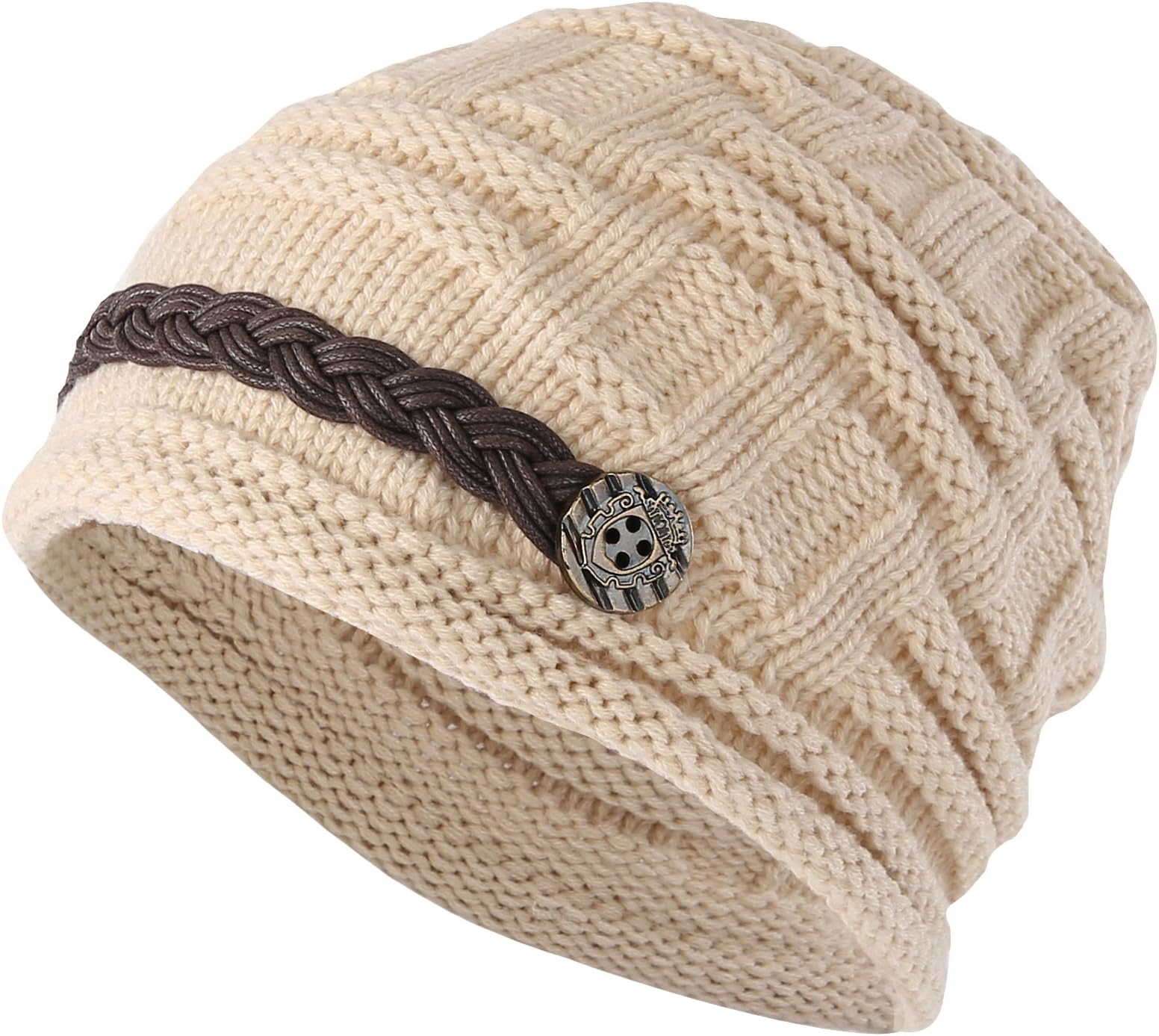 ELACUCOS Women Winter Beanie Cabled Checker Pattern Knit Hat Button Strap Cap