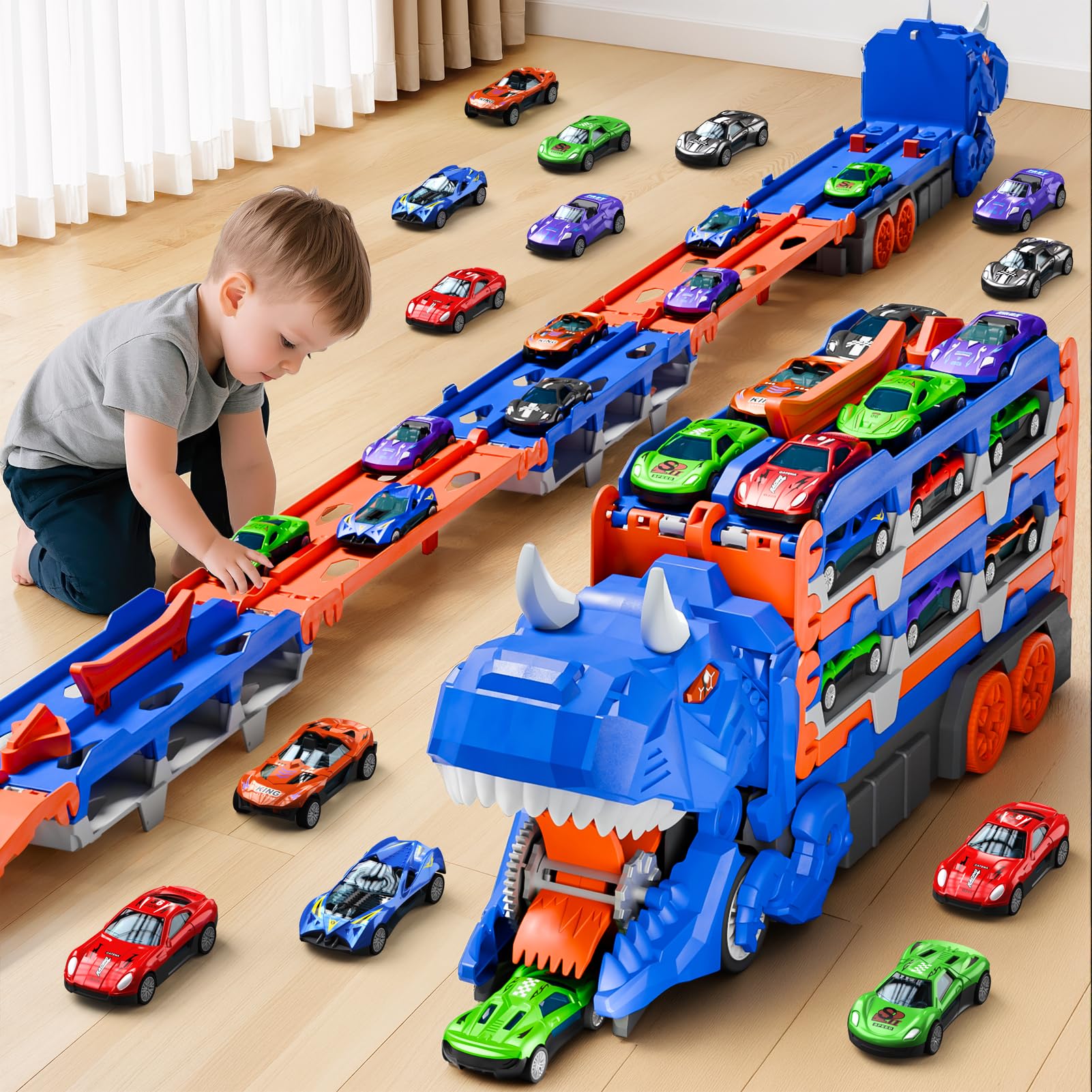 VEEVIFUN Toddler Car Truck Toys Gifts for 3 4 5 Years Old Boys, Dinosaur Transport Truck Car Tracks Toys with 12 Pcs Die-Cast Cars, Transforms into Dino, Toy Gifts for 3 4 5 6 Year Old Boys