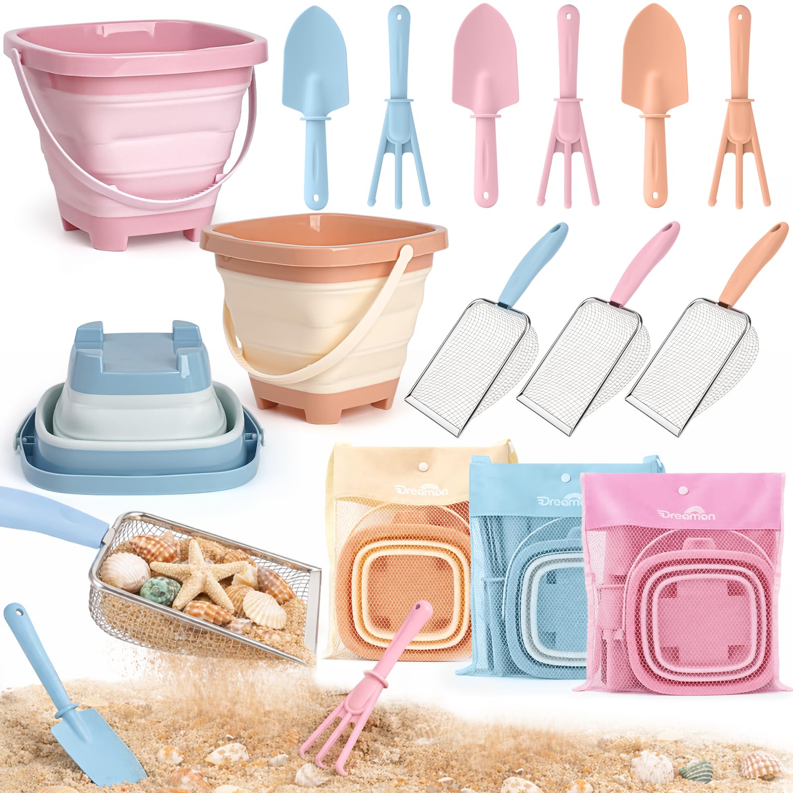 Dreamon Beach Sand Toys 3 Set Collapsible Bucket and Spade Beach Set Kids with Sand Sifters Beach Shovel Rakes Seashell Bag Outdoor Toys for Children Toddlers 3 4 5 Years Old
