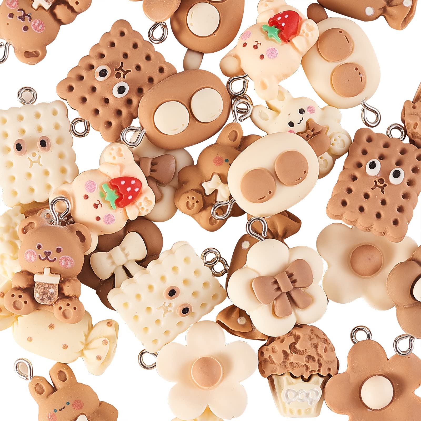 Airssory 32 Pcs 16 Styles Chocolate Cream Color Resin Bear Rabbit Popcorn Candy Flower Small Charms Cookies Wafer Biscuits Charm for Jewery Making DIY Keychain