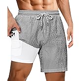 Gleeease 7inch Mens Swim Trunks: with Compression Liner Pockets Drawstring Quick Dry Stretch Lined Funny Beach Swimming Pool