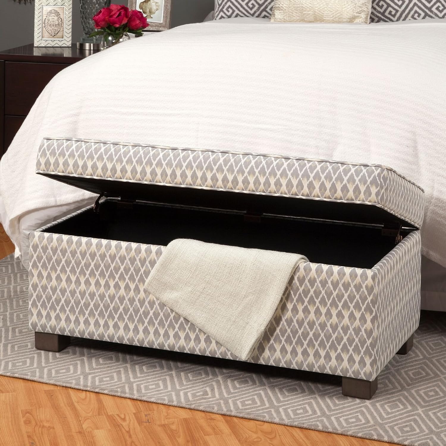 HomePop Upholstered Large Rectangle Storage Bench, Gray Diamond: Kitchen & Dining