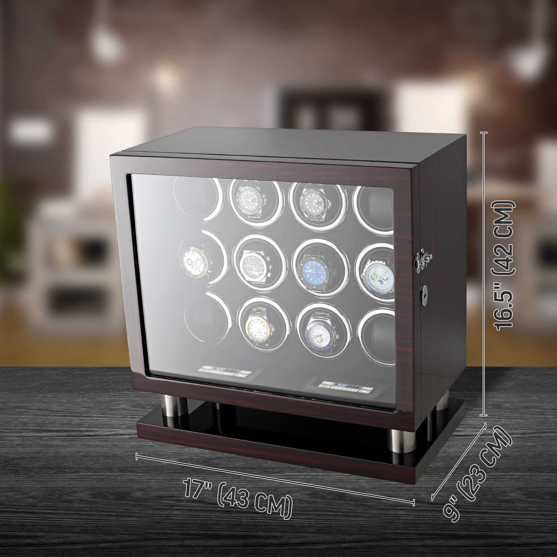 12 Watch Winder for Automatic Watches with LED Light and LCD Touchscreen Control (Ebony + Black)