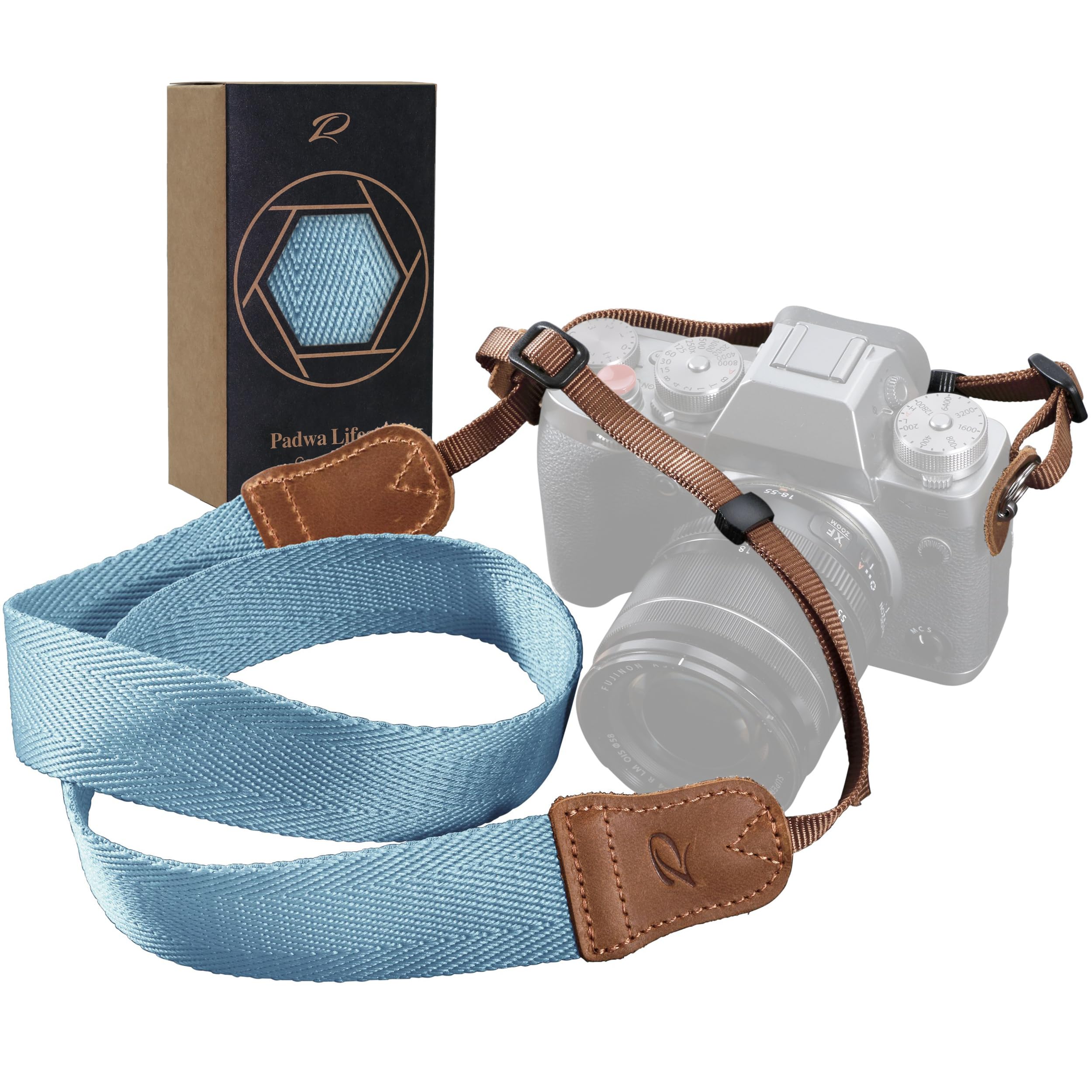 Padwa Lifestyle Light Blue Camera Strap -Double Layer Crazy Horse Cowhide End,1.5" Wide Pure Cotton Woven Camera Straps,Adjustable Neck Shoulder Strap for All DSLR Cameras,Gift for Photographers