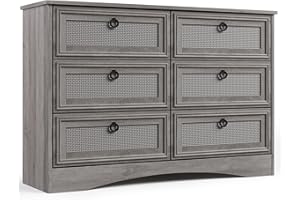 LGHM 6 Drawers Rattan Paneling Dresser, Dressers for Bedroom, Chest of Drawers Closet Organizers and Storage Clothes - Textured Borders, Airy Rattan Drawer Fronts for Bedroom, Hallway, Gray