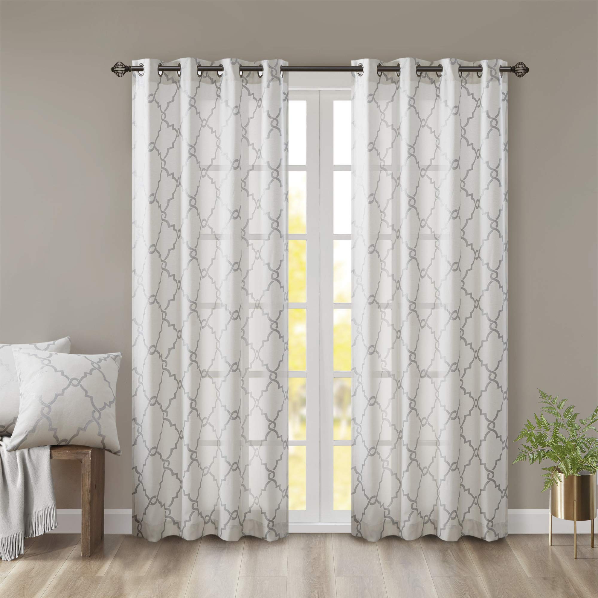Madison Park Saratoga Window Curtain Light Filtering Fretwork Print 1 Panel Grommet Top Drapes/Valance for Living Room Bedroom and Dorm, 50x84, Ivory