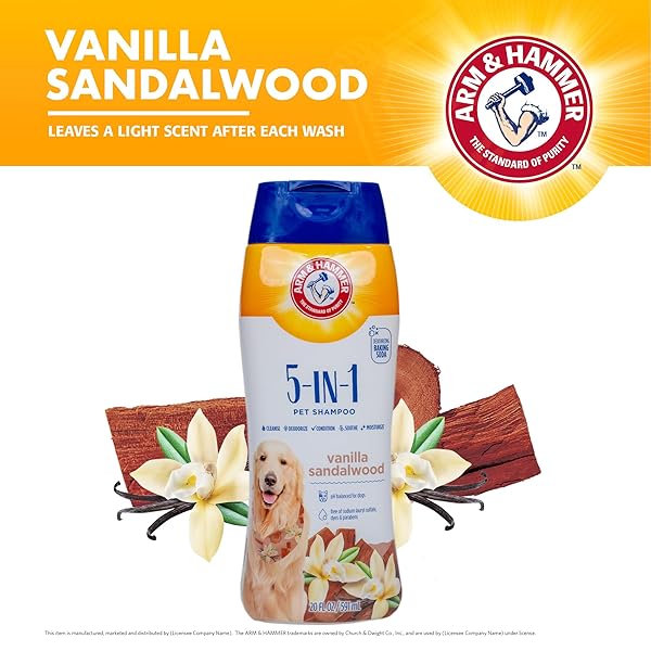 ARM & HAMMER FOR PETS 5-IN-1 DOG SHAMPOO WITH CONDITIONER, DEODORIZING OATMEAL DOG SHAMPOO WITH ALOE, SHEA BUTTER, BAKING SODA AND COAT CARE, VANILLA SANDALWOOD SCENT, 20 FL OZ