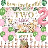 Two Wild Birthday Decorations Girl Pink Jungle Animal Theme 2nd Birthday Party Supplies Include Two Wild Backdrop Banner Balloons Cupcake Toppers for Girl 2 Year Old Safari Party Decor