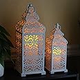 VELA LANTERNS Large Temple Moroccan Lantern Lamp Decorative Candle Holders for Ramadan Decorations, Hanging, Outdoor Patio or Porch, Indoor Home Decor, Weddings, White, Set of 2