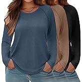 Evervibe 3 Pack Womens Plus Size Shirts Long Sleeve Casual Tops Crew Neck Basic Tee Curved Raglan Sleeves Tunic Fall Outfits