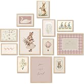 TwoDays Vintage Nursery Decor for Baby Girls, Pink Rabbit Bunny Wall Art for Toddler Kids Playroom, Swan Animals Posters for Bedroom (Multi Sizes, Set of 12, 8 × 10 Largest, UNFRAMED)