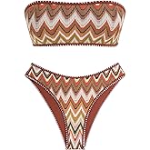 ZAFUL Women Strapless Ribbed High Cut Bandeau Bikini Lace Up 2 Pieces Swimwear