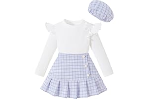 Yagudu Toddler Girl Outfits Ruffled Long Sleeve Top Plaid Tweed Skirt and Beret Set Fall Winter Girls Clothes Size 3-8