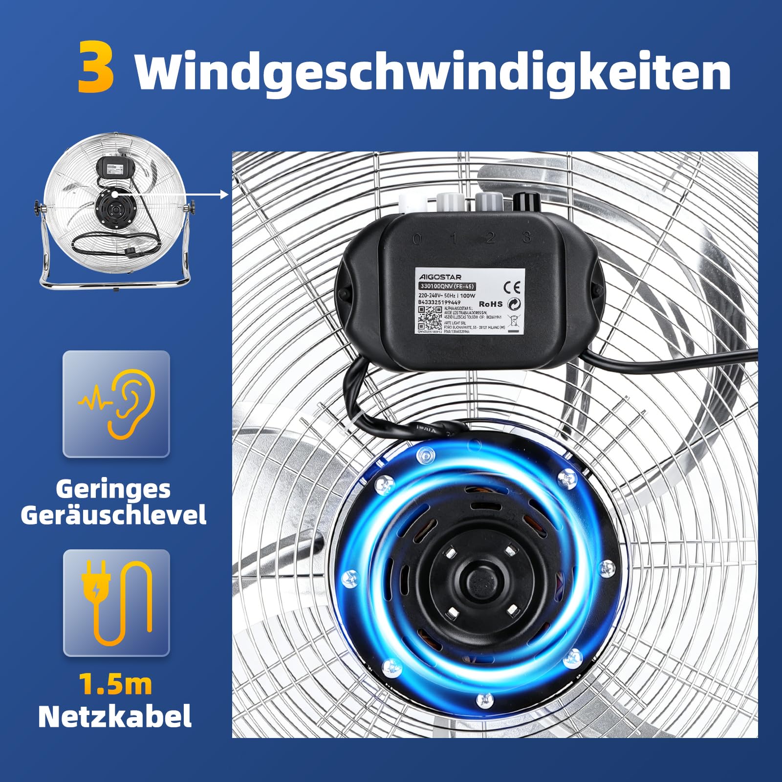 Aigostar Clover – XXL 54cm Retro Windmaschine, Starker Ventilator Groß, Bodenventilator mit Metall Chrom, Neigbarer Kopf (120°), 3 Stufen, Leise Standventilator, Industrie Ventilator 100 Watt, Silber 4