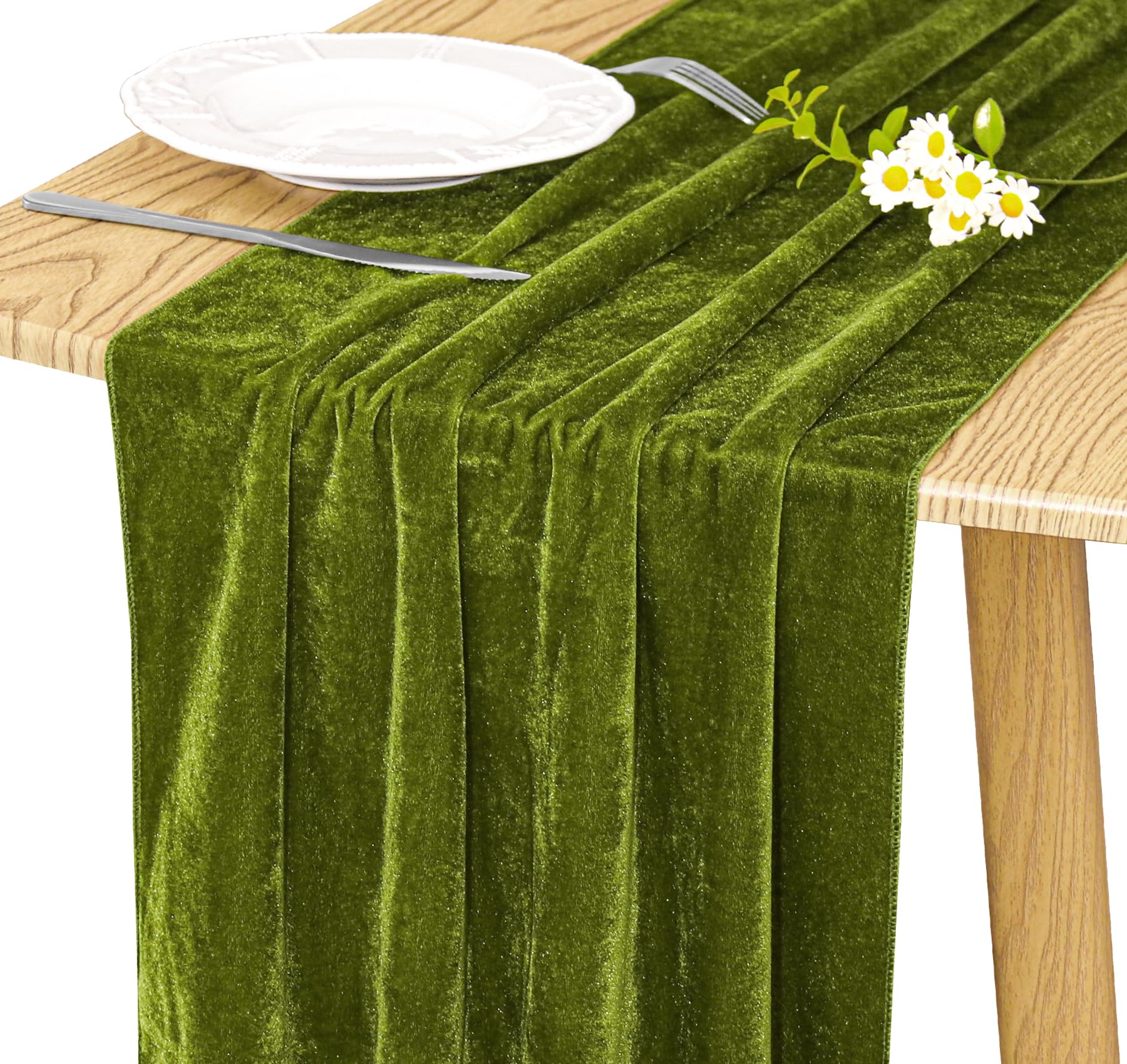 Photo 1 of JALANCY Velvet Table Runner 20 x 120 Inches 10ft Luxurious Thick Soft Velvet Christmas Thanksgiving Wedding Reception Table Runner for Party Reception Decorations(Olive Green, 1 Pack)