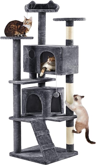 Yaheetech Tall Cat Tree 178cm with Caves, Platforms, Scratching Posts Dark Grey