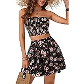 Rooscier Women's 2 Piece Floral Print Sleeveless Tube Crop Tops and Ruffle Layered Mini Skirt Set