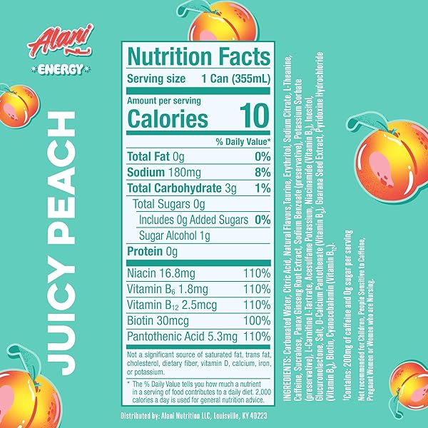 ALANI NU JUICY PEACH, SUGAR FREE, LOW CALORIE ENERGY DRINKS, 200MG CAFFEINE, BIOTIN, B VITAMINS, ZERO SUGAR, 10 CALORIES, 12 FL OZ CANS, 12 PACK