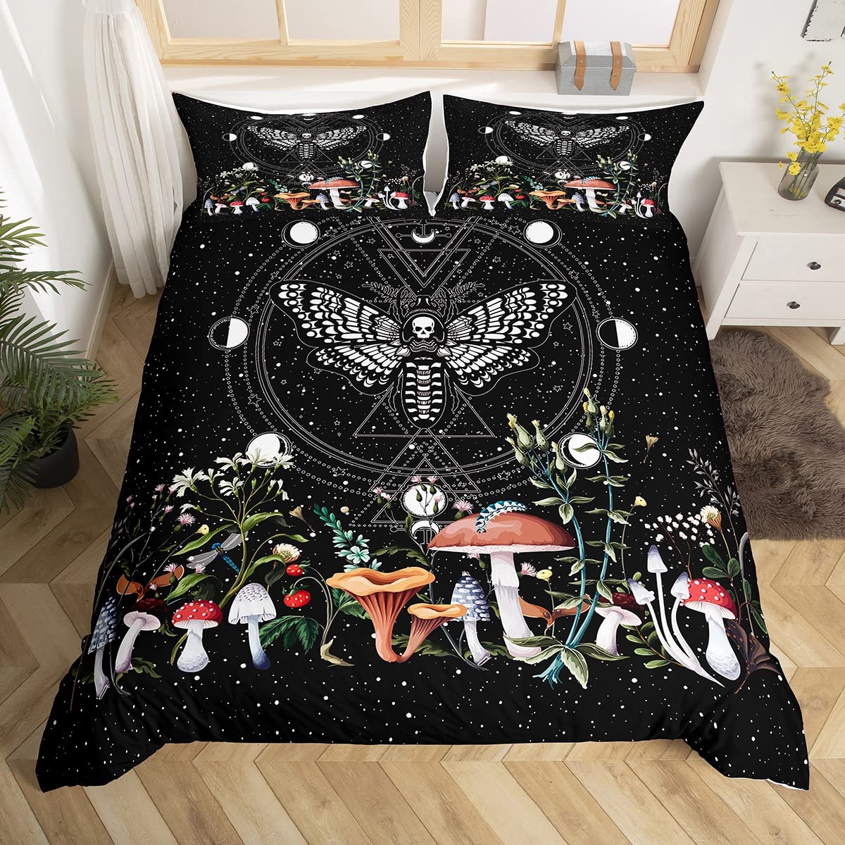 Boho Moth Bedding Duvet Cover Set Kids Bohemian Moon Sun Galaxy Bedding Set Boys Girls Wild Mushroom Floral Decor Comforter Cover Set Microfiber Eoxtic Bedspread Cover Bedroom Bedclothes Double Size — image 1
