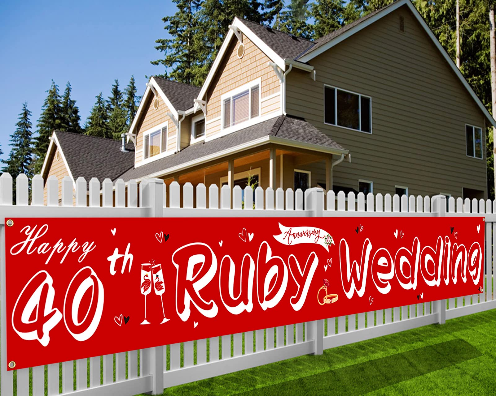 DPKOW Happy 40th Ruby Wedding Banner for Ruby Anniversary Decoration, Fabric Banner for Wall, Garden, Table, 270 * 35cm
