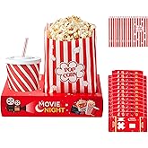 RAYMEA 24Pcs Movie Night Supplies Disposable Paper Movie Snack Trays (12ct) and Retro Style Large Capacity Popcorn Bags(12ct)