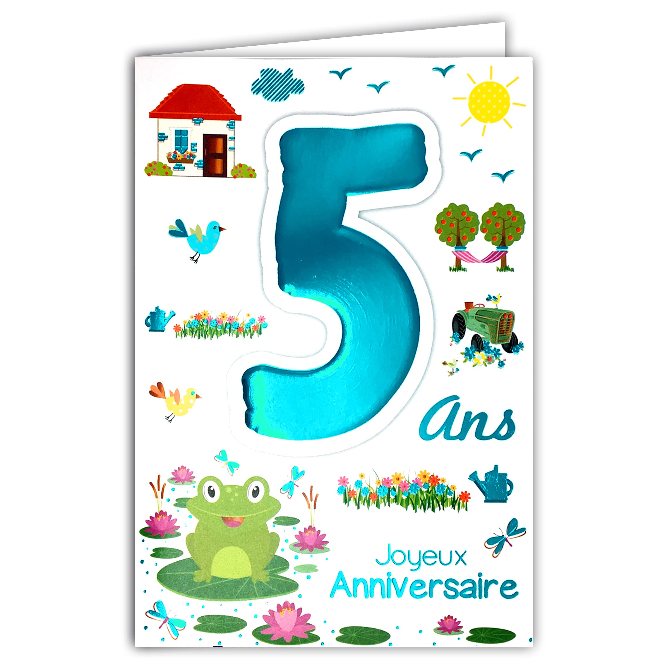 MV 69-2005 Happy Birthday Card 5 Years Age Child Boys Girls Frog Design Water Lily Farm Tractor Country