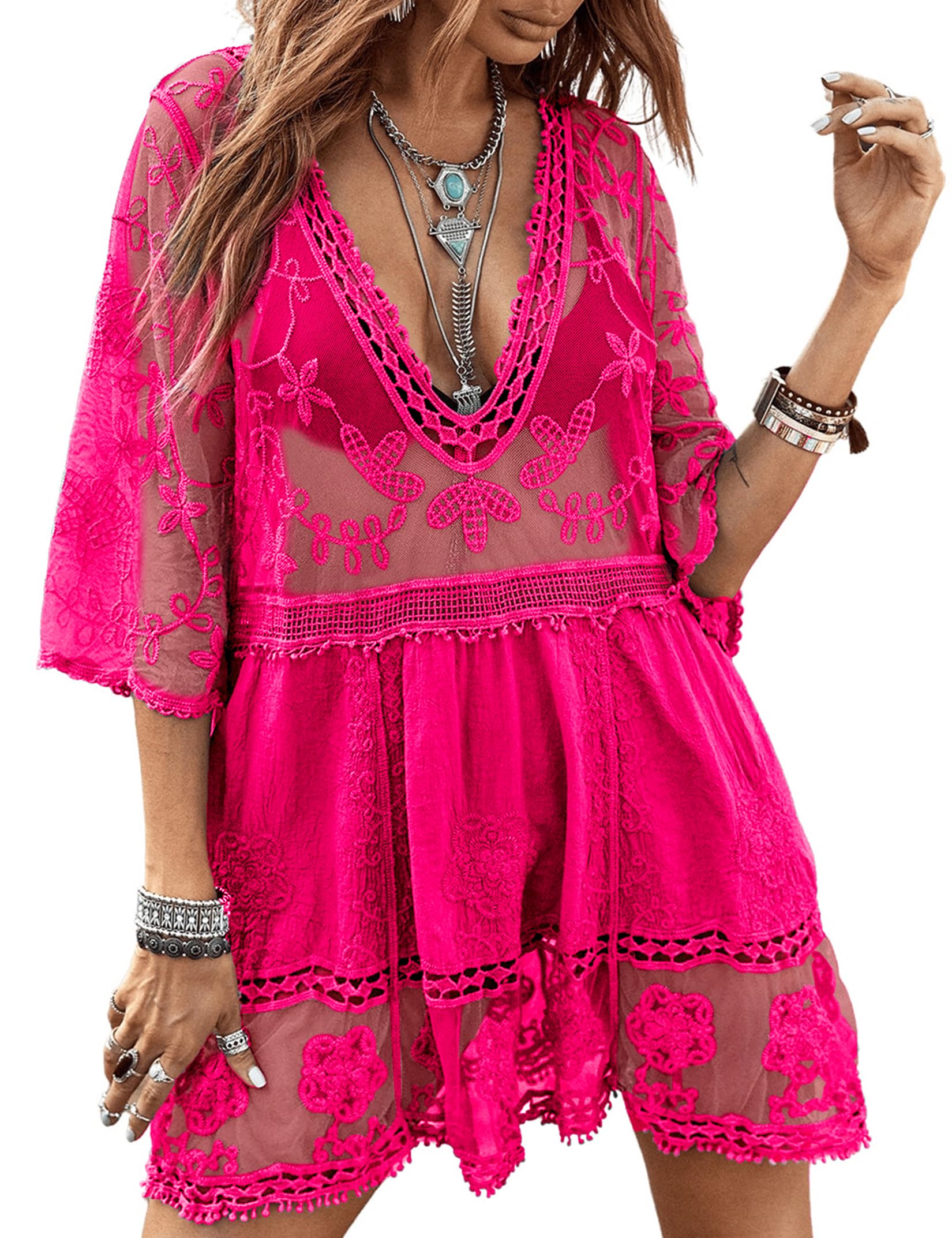 Photo 1 of Size M Eomenie Women's Contrast Lace Bathing Suit Cover Up V-Neck Swimsuit Coverups Loose Swimwear Beach Dress Beachwear Hot Pink