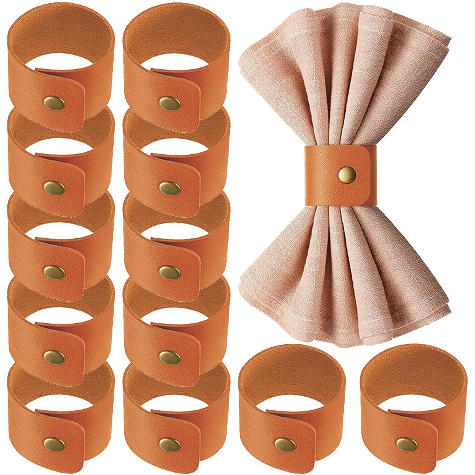 Photo 1 of 12 Pcs Leather Napkin Rings Vintage Buckle Napkin Holder for Table Decor, Wedding, Fall Dinner Party Thanksgiving Day Table Ornaments Classic Leather Party Decoration (Orange, Standard)