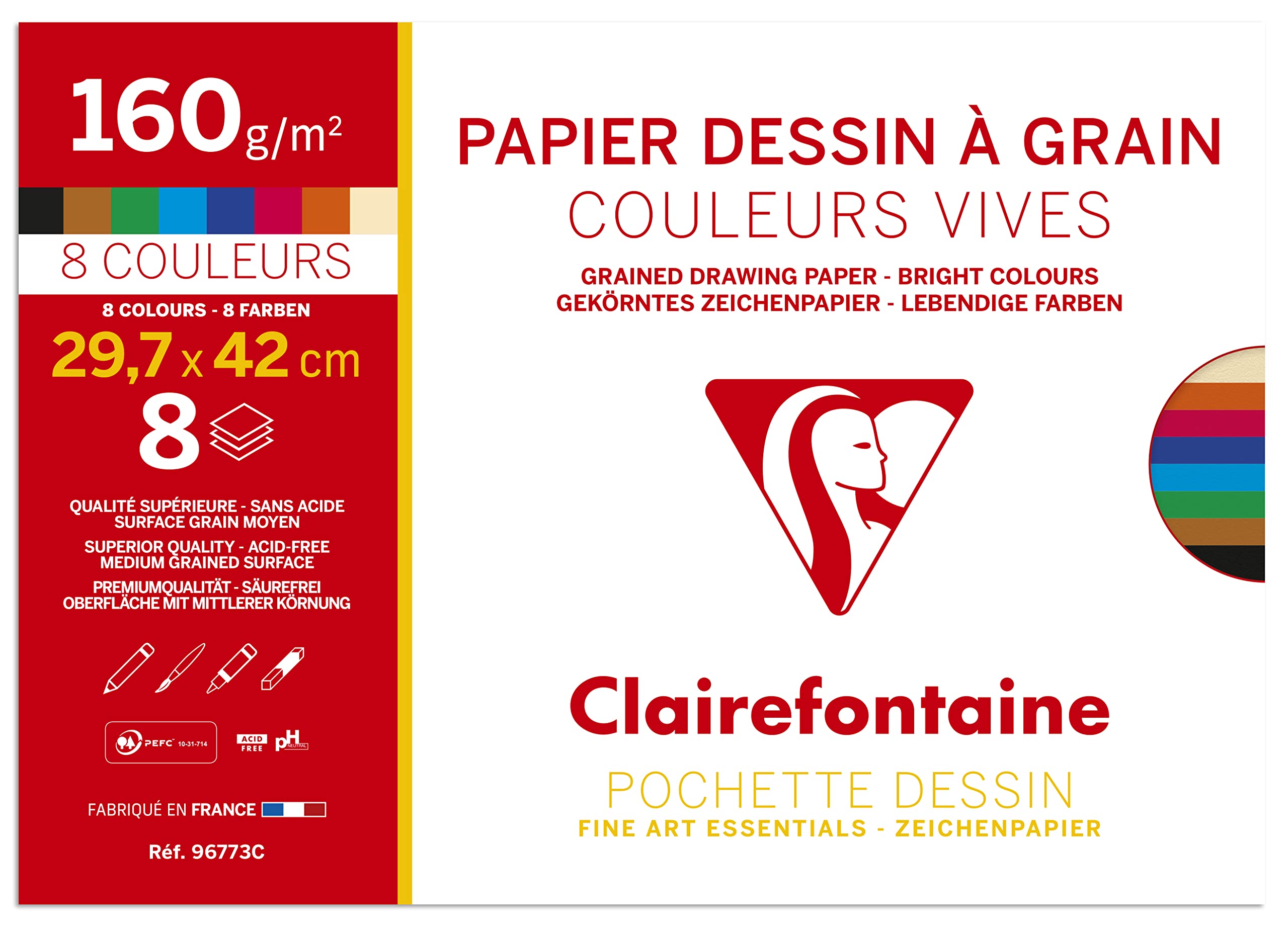 Clairefontaine - Ref 96773C - Grained Drawing Paper (Pack of 8 Sheets) - 29.7 x 42cm Size, 160gsm Paper, Acid Free - Light Grain Side & Heavy Grain Side - Assorted Bright Colours
