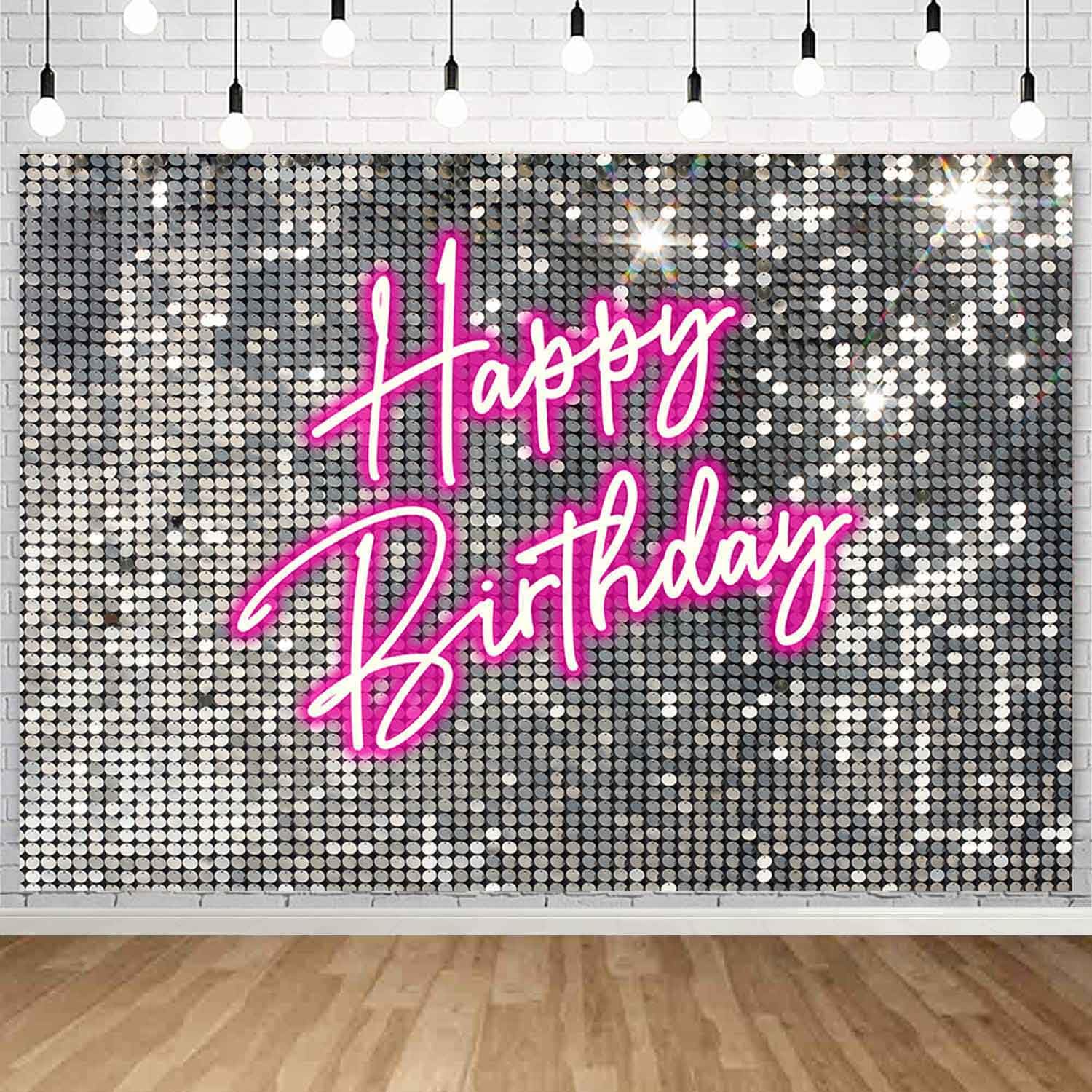 Photo 1 of Sensfun Silver Sequins Pink Neon Birthday Backdrop for Photography Shining Flash Shimmer Wall Happy Birthday Banner Girl Sweet 16 18th Women 20th 30th 40th Birthday Party Background Decorations 7x5ft
