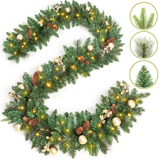 9 FT by 12 Inch Prelit Christmas Garland Battery Operated with 50 Warm
