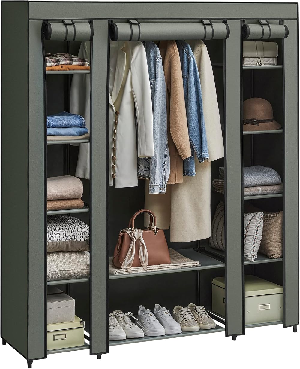 SONGMICS Fabric Wardrobe Portable Closet 12 Compartments 45x150x175 cm Sage