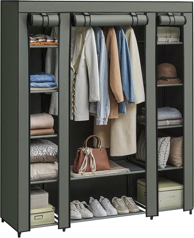 SONGMICS Fabric Wardrobe Portable Closet 12 Compartments 45x150x175 cm Sage